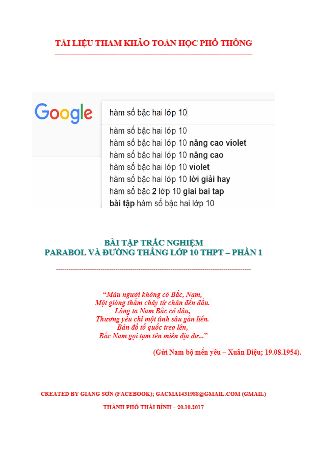 876 bài tập trắc nghiệm Parabol và đường thẳng - Lương Tuấn Đức